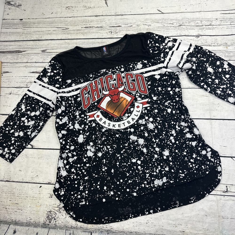 Chicago Bulls NBA Paint Splatter Shirt XL Raglan Sheer Neck 3/4 Sleeve Womens